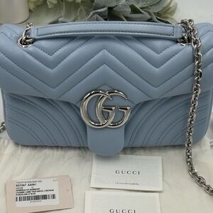 Women's Gucci lambskin MATELASSE GG MARMONT shoulder bag . Porcelain light blue